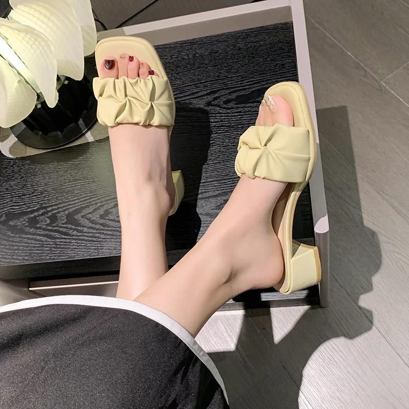 Pantofi Papuci de damă Toc pătrat Papuci Femei Med Lux Diapozitive Vară Bloc Designer Roma Sandale PU Tocuri copită