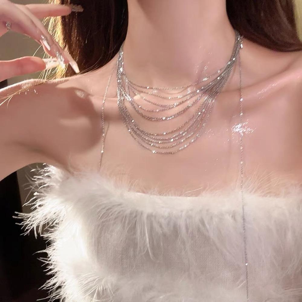Sparkling Multi Layer Necklaces Glitter Long Sweater Chain Elegant Flash Fringe Necklace  Women