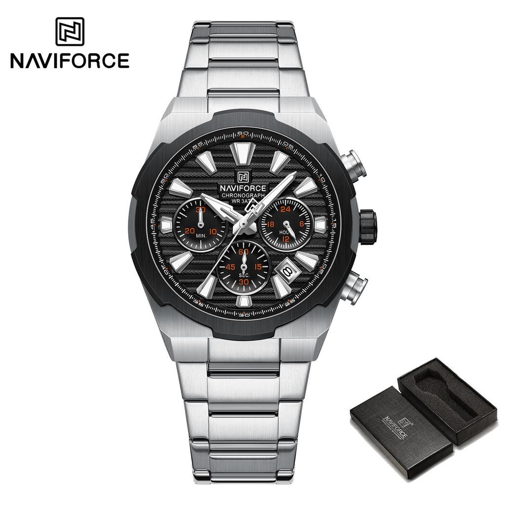 NAVFIROCE Original Men Quartz Watch Stainless Steel Strap Stopwatch Chronograph Date Waterproof Luminous Pointer Men Fashion Watch NF8081