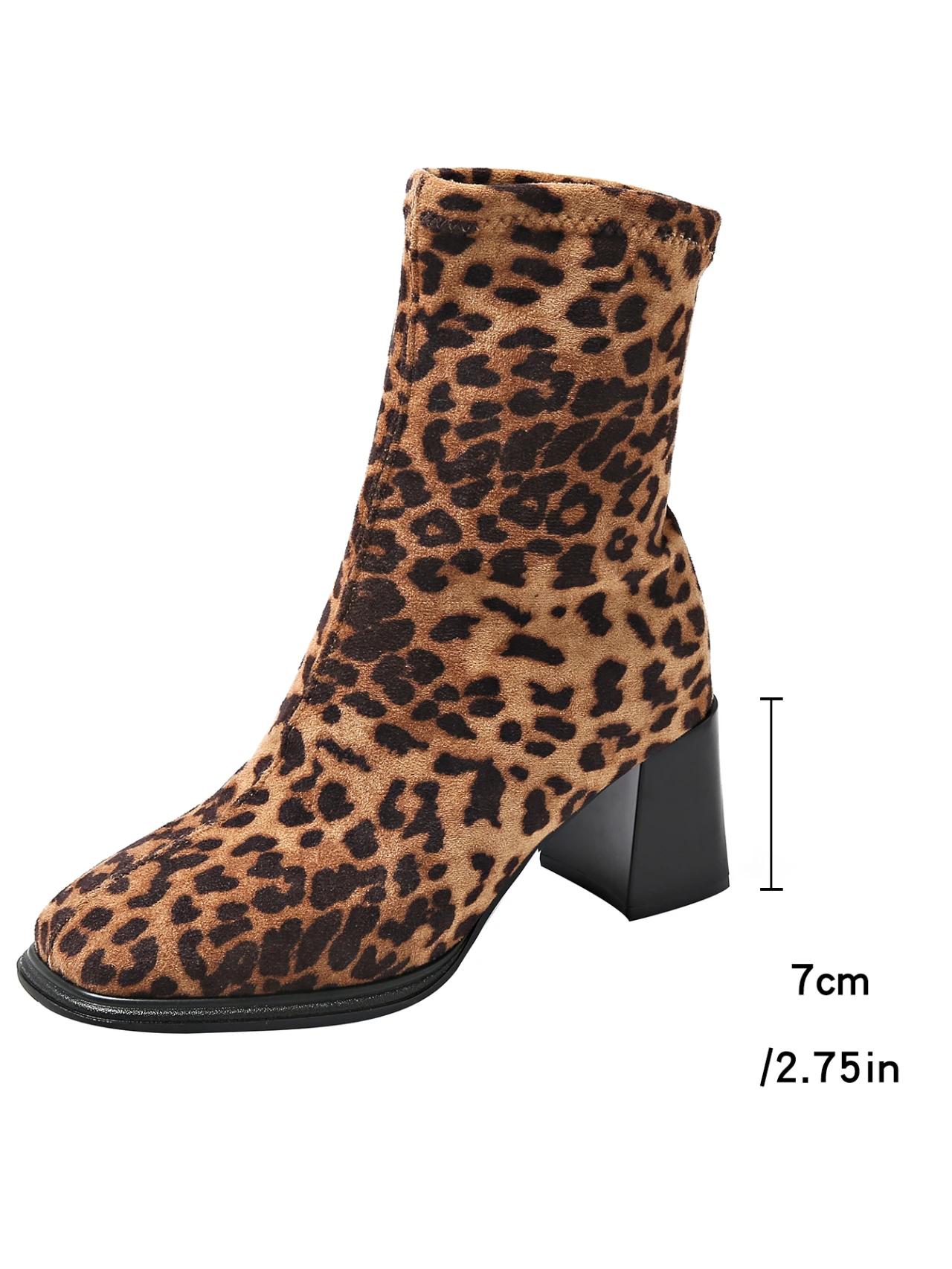 

Осенне-зимние замшевые ботильоны с квадратным носком и толстым каблуком для женщин, тонкие эластичные женские короткие ботинки без застежек, готические туфли 41 леопардовый