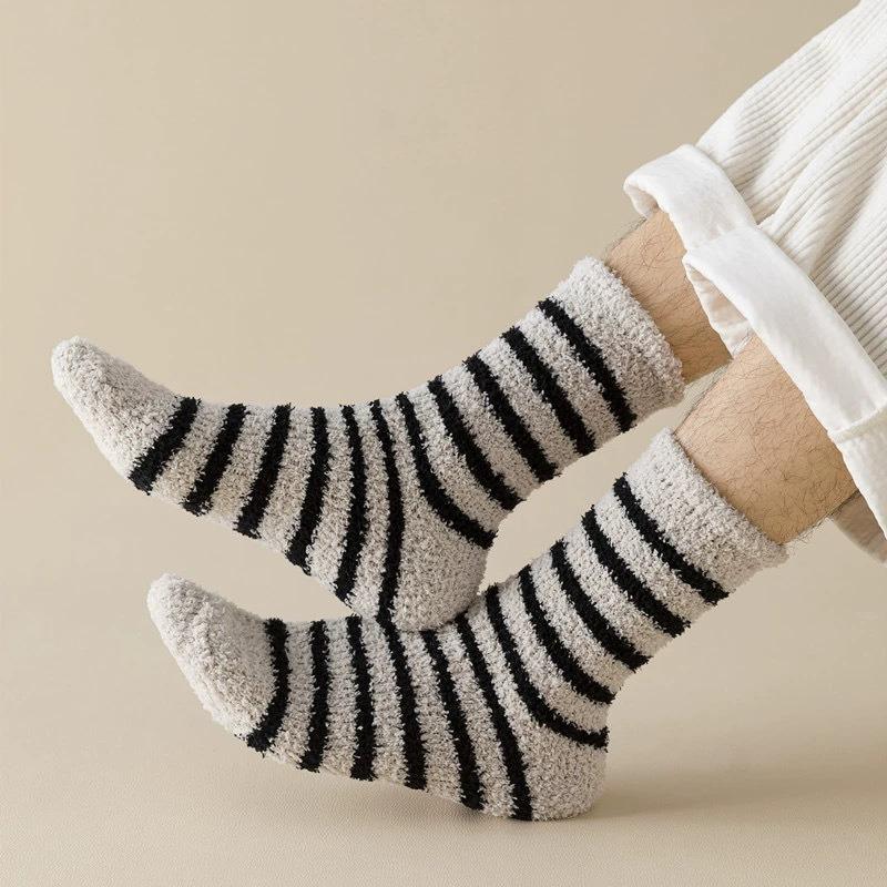 4 Pairs of Winter Coral Fleece Sleeping Floor Socks for Warm Feet and Home Men, Thickened, Warm and Cold-proof Mid-calf Striped