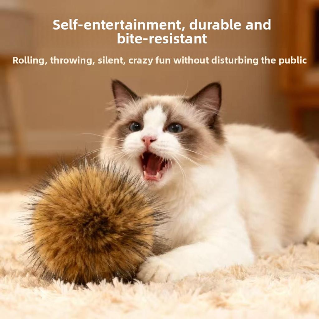 Pelota de Juguete para Gatos de Pelo de Conejo Silenciosa Juguete Interactivo de Enriquecimiento para Gatos de Interior Duradera Resistente a la Mordida Pelo Natural de Conejo