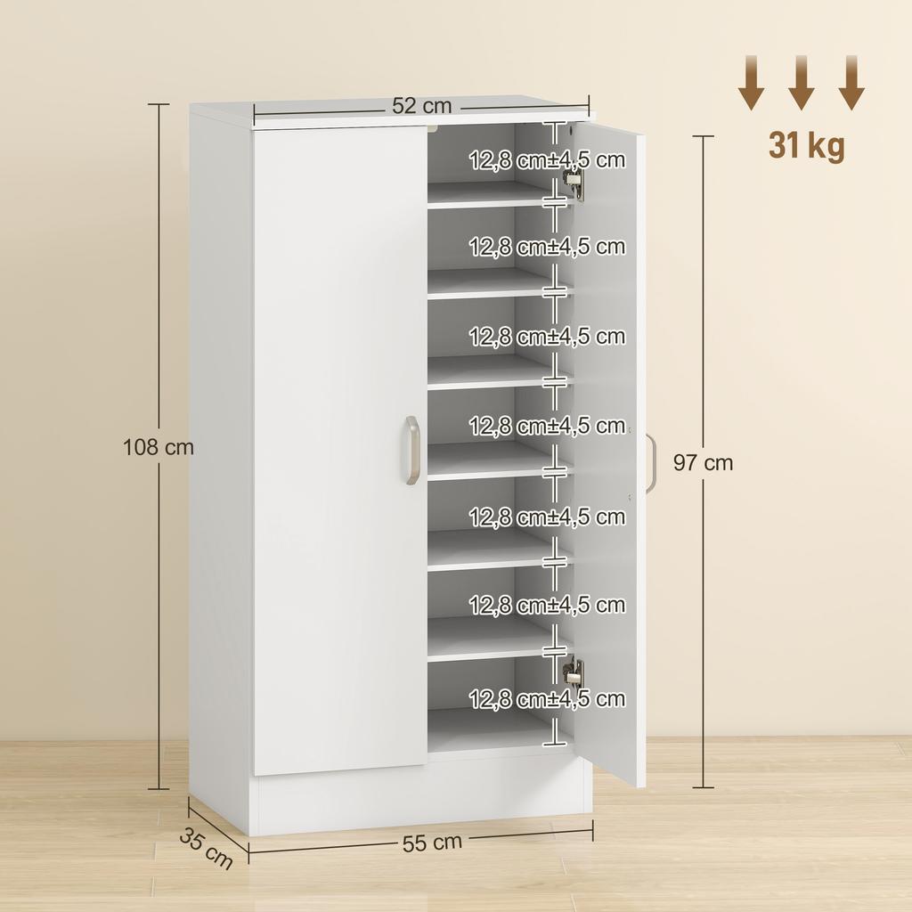 Shoe Cabinet, 2 Doors, 6 Adjustable Shelves, for 14 Pairs, 55x35x108cm, White