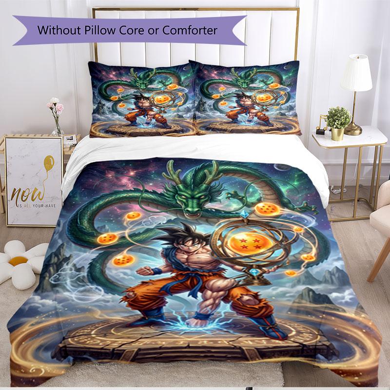 Set cuvertură de pilota 3 buc (1 * Husă de pilota + 2 * Față de pernă, Fără Miez), Set de așternut moale cu imprimeu Dragon Ball pentru toate anotimpurile, Cadou pentru decorarea dormitorului de acasă