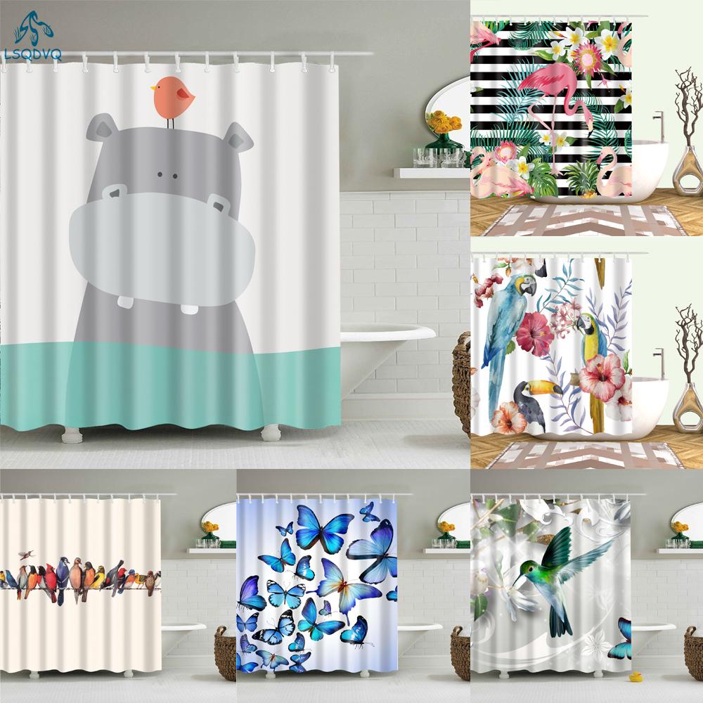 Animals Birds Owl Butterfly Flamingo Shower Curtains Bathroom Curtain Frabic Waterproof Polyester Bathroom Curtain with Hooks