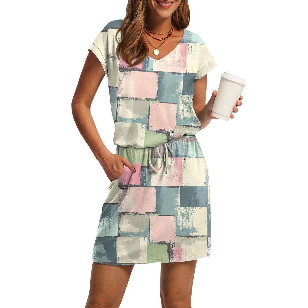 Damenmode V-Ausschnitt Kurzarm Kordelzug mit Tasche Bedruckte Freizeitkleider