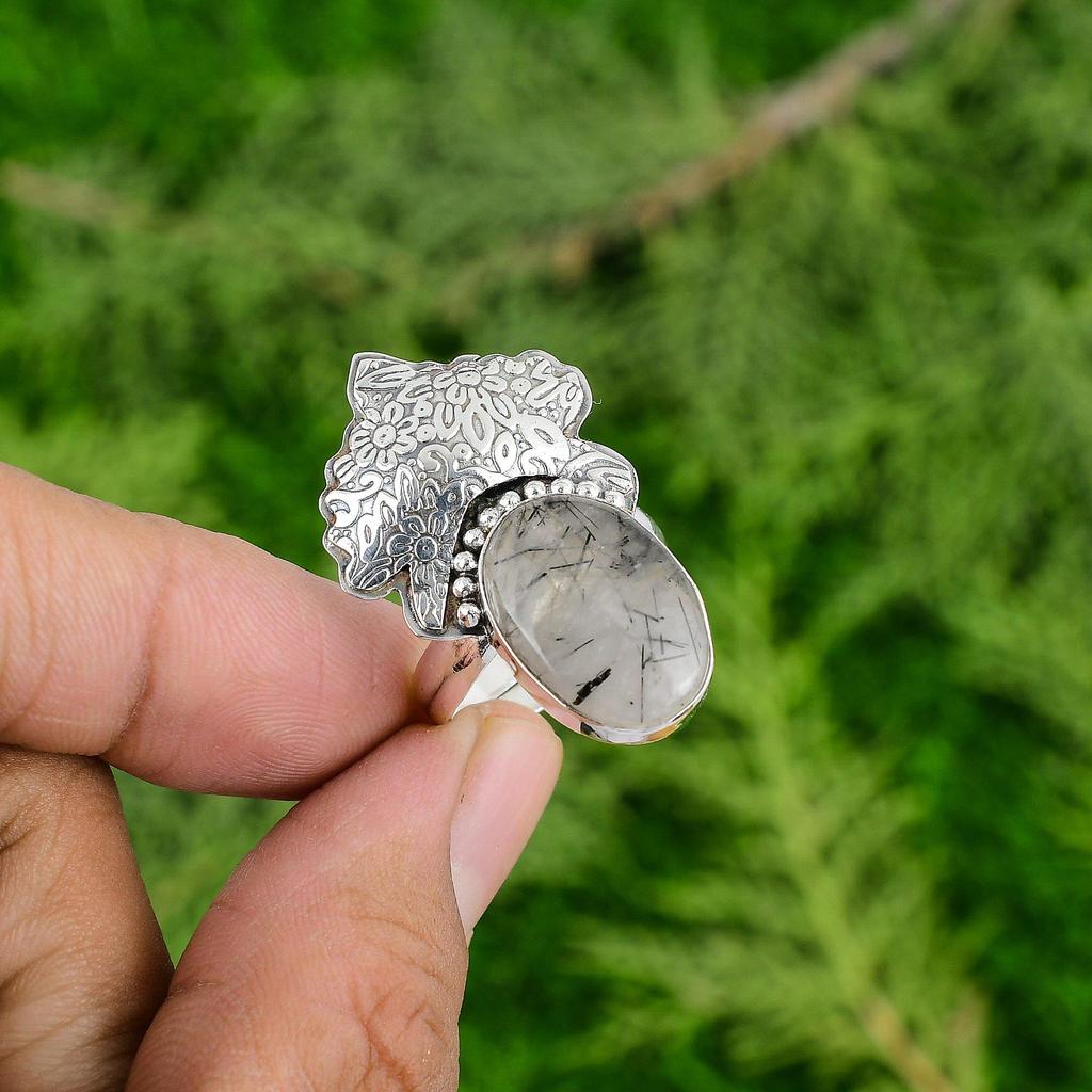 Oval Natural Black Rutilated Quartz Sterling Silver Anniversary New Promise Ring