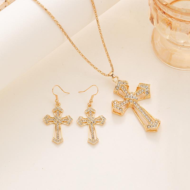 European & American Retro Full Diamond Cross Necklace & Earrings Set