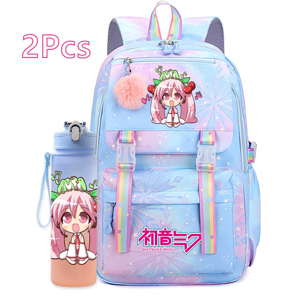 2 st/set Söt Hatsune Miku-tryckt Ryggsäck med 750 ml Vattenflaska för Tonårsflicka Pojke Skolväska Stor Kapacitet Vattentät Resväska Gåva