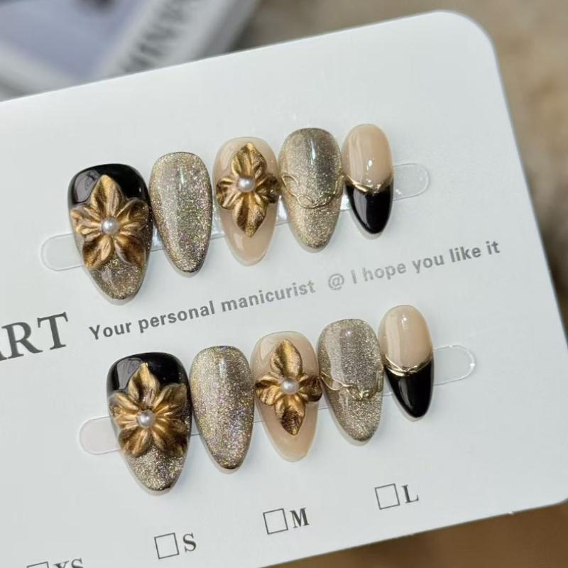 10Pcs Handmade Black Gold Cat Eye Fake Nails with 3D Gold Flower & Pearl Accents XS