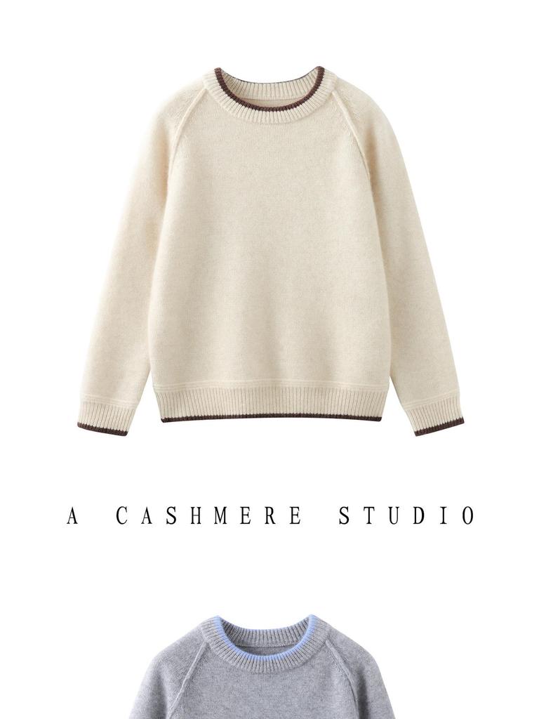 Children's Cashmere Sweater: Solid Color Girls' Knitwear & Color Block Boys' Round Neck Pullover