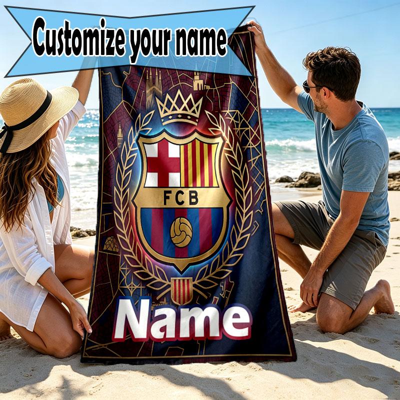 Personalisierter Strandtuch mit individuellem Namen, FC Barcelona Druck, für Reise, Camping, Strandparty, Heimdekoration, Geburtstagsgeschenk für Familie & Freunde