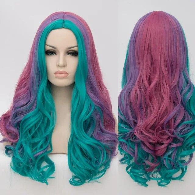 Women Cosplay Multicolor Stitching Gradient Wig Long Wig Curved Big Wave Black White Blue Pink Color Wigs