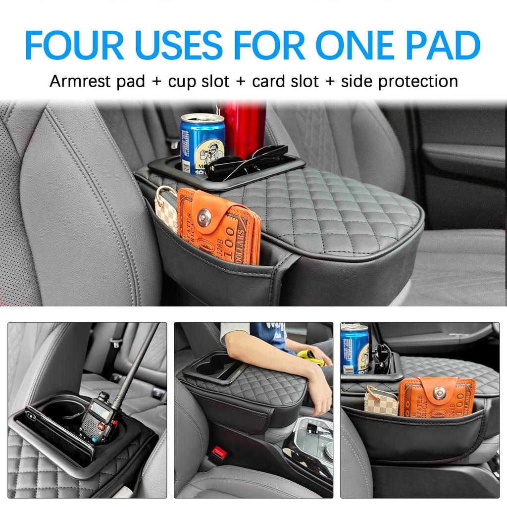 Car Center Console Armrest PU Leather Car Armrest Cushion with Cup Phone and Two Side Storage Universal Car Armrest Protector for Most Vehicles