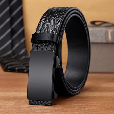 Men's Genuine Leather Automatic Buckle Belt - First Layer Cowhide, Bison Grain, Youth & Middle-Aged, Trendy Design.