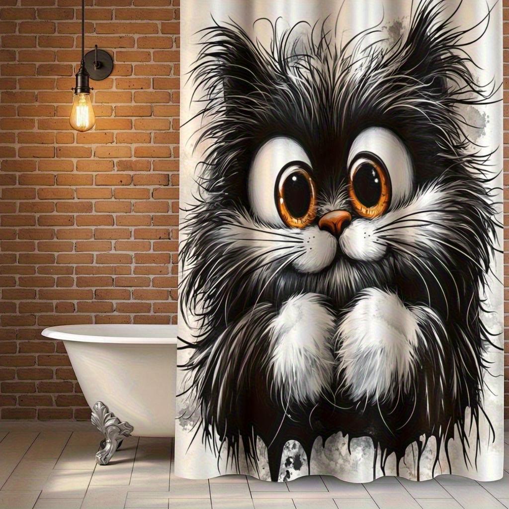 Cute Black And White Cat Shower Curtain Fluffy Kitten Art Cartoon Design Pet Lover Decor Waterproof Fabric Bath Curtain Set Home
