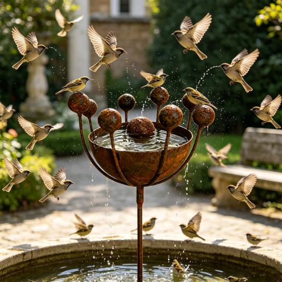 Vintage Metal Bird Bath, Bee Water Bowl, Freestanding Stake Feeder, Rust-proof Weather-resistant Outdoor Ornament with Built-in Drainage, Garden