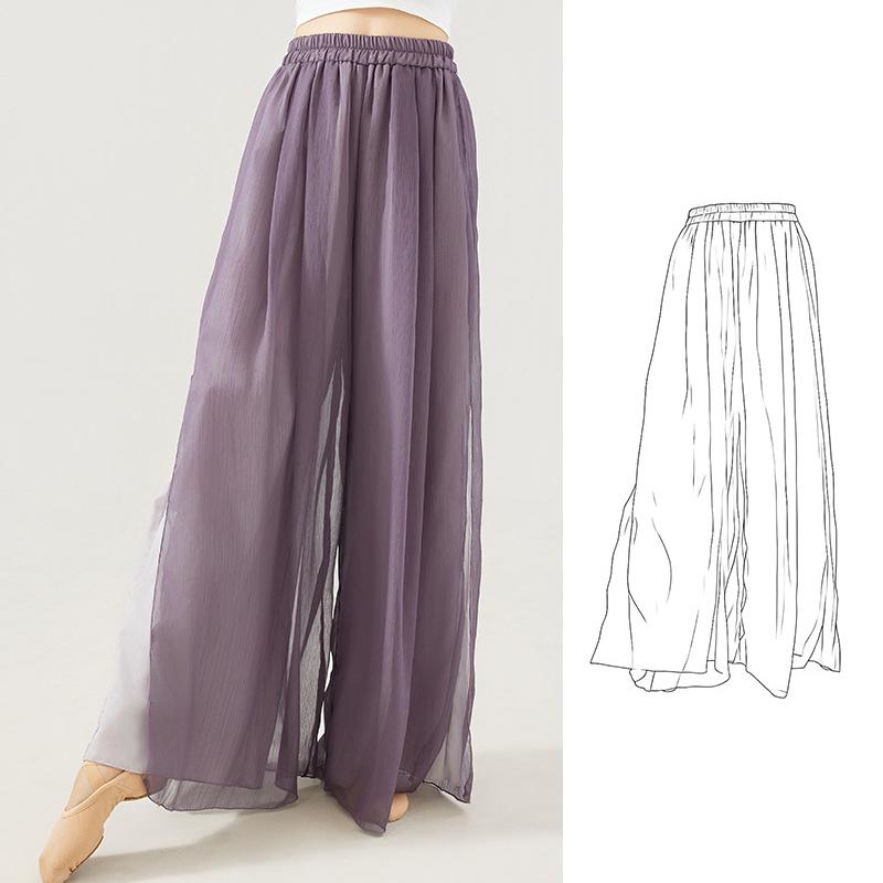 Classical Dance Pant Women Two Layers Side Slit Wide Leg Pants Loose Fit Flowing Trousers Stage Costumes Casual Lounge Yoga Wear