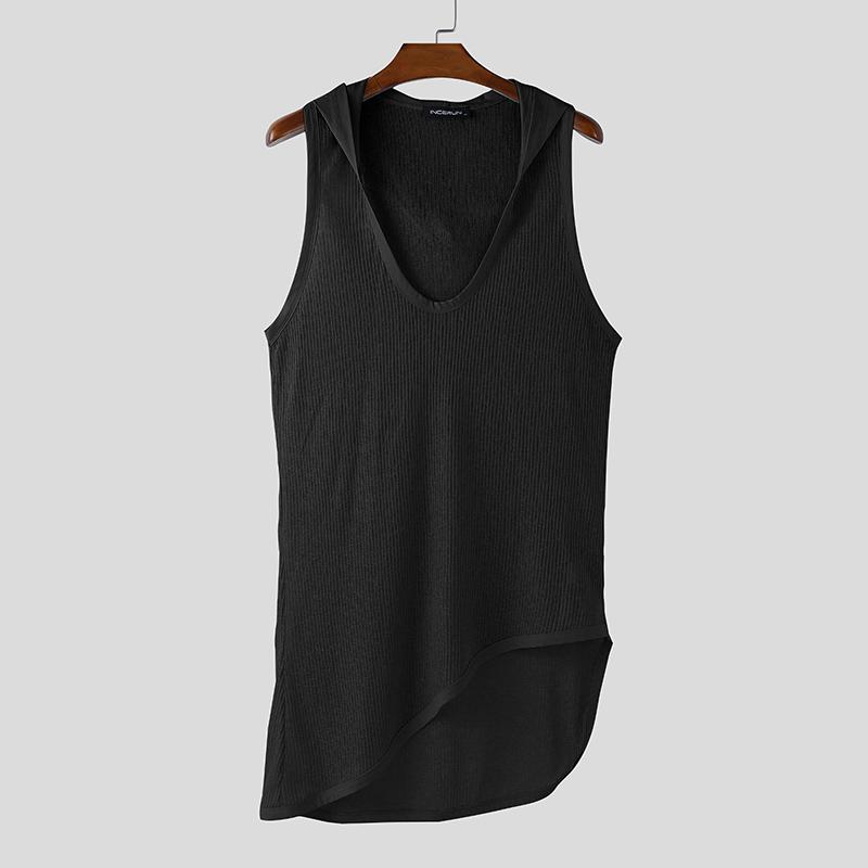 INCERUN Men Sleeveless U Neck Irregular Thin Holiday Long Hooded Tank Tops S чёрный