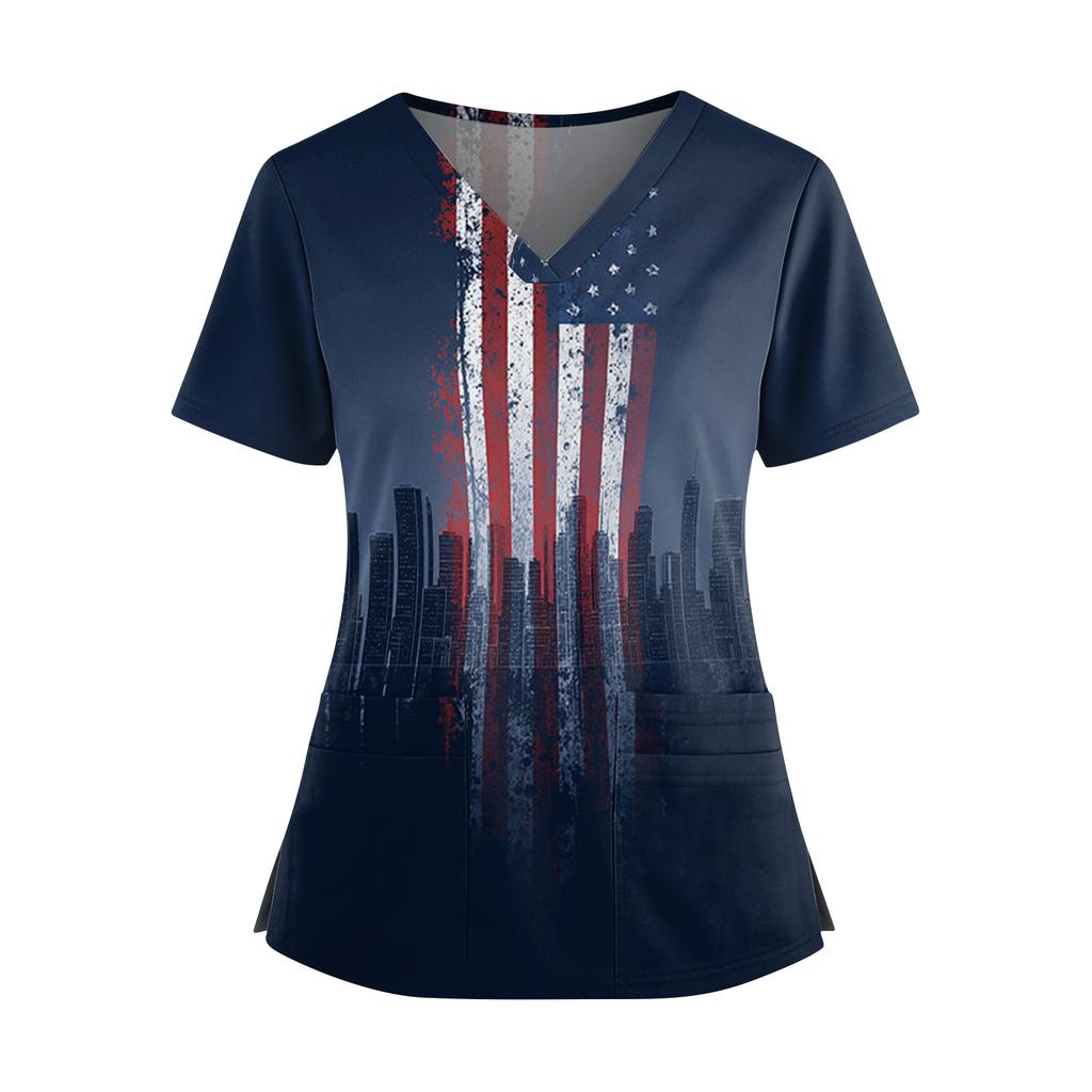 Women's Independence Day Print V-Neck Double Pocket Short Sleeve Uniform with Slit Hem - Caregiver Top