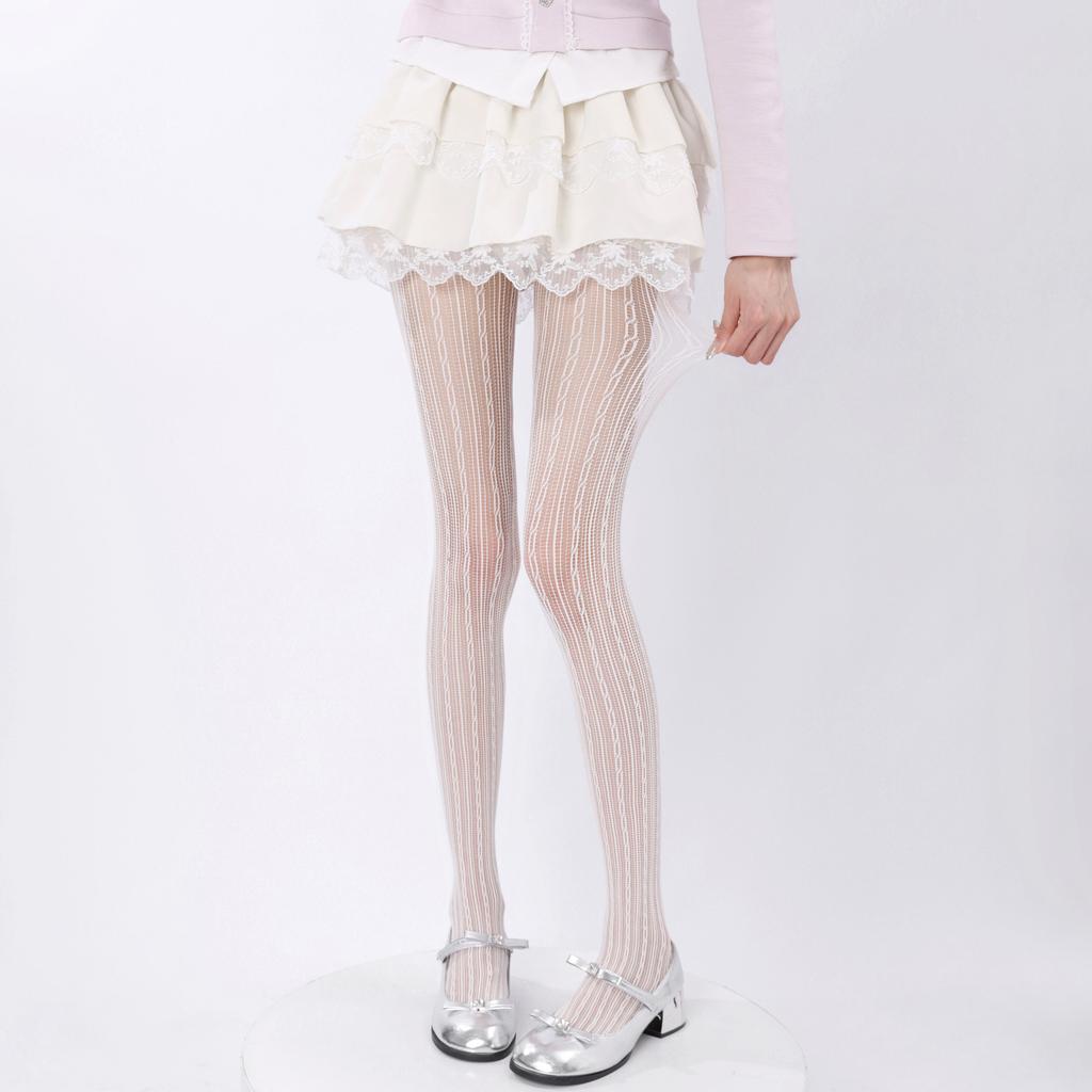 Sexy Hollow Lace Fishnet Socks American Stockings Retro Coffee Vertical Striped Pantyhose Women With Leg Covers