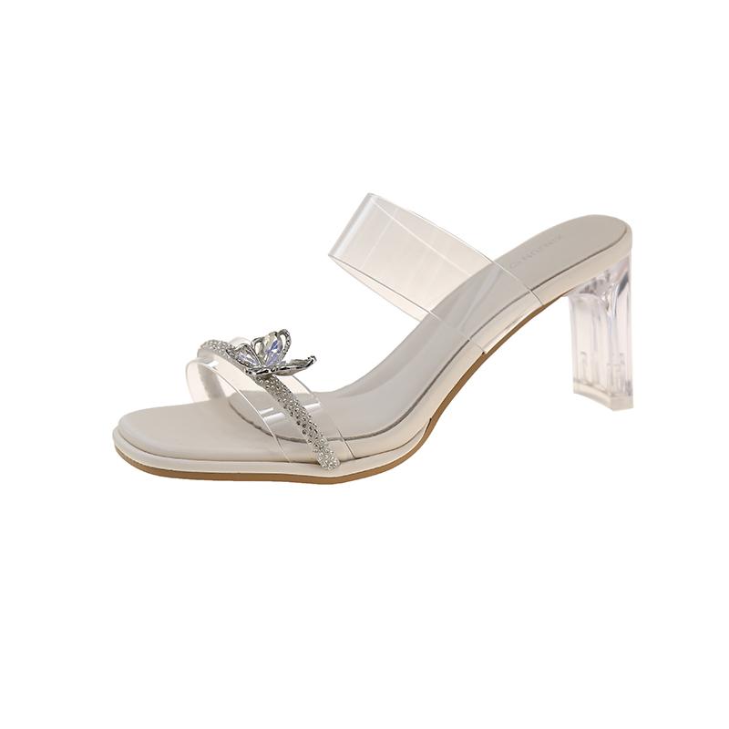 Women's Slippers 2024 Summer New Open Toed Rhinestone High Heel Slippers Female Transparent Heel Shoes for Women