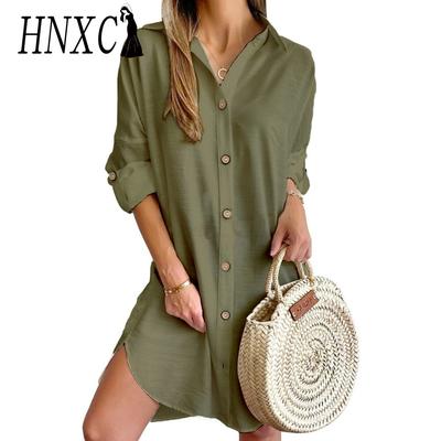 Vestidos Casuales HNXC para Mujer Moda Otoño Invierno Color Sólido Estampado Manga Larga Cuello Polo