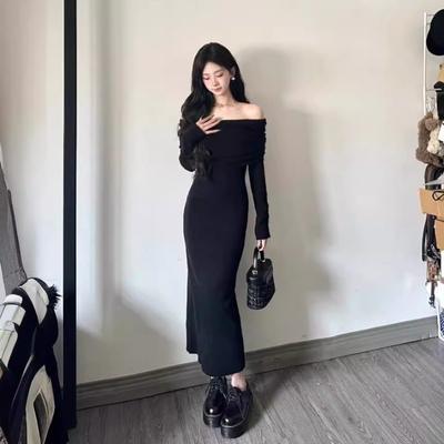 One-word Shoulder Exposed Collarbone Dress Royal Sister Female Autumn and Winter Black Slim and Thin Long-sleeved Knitted Hip-wrapped Dress