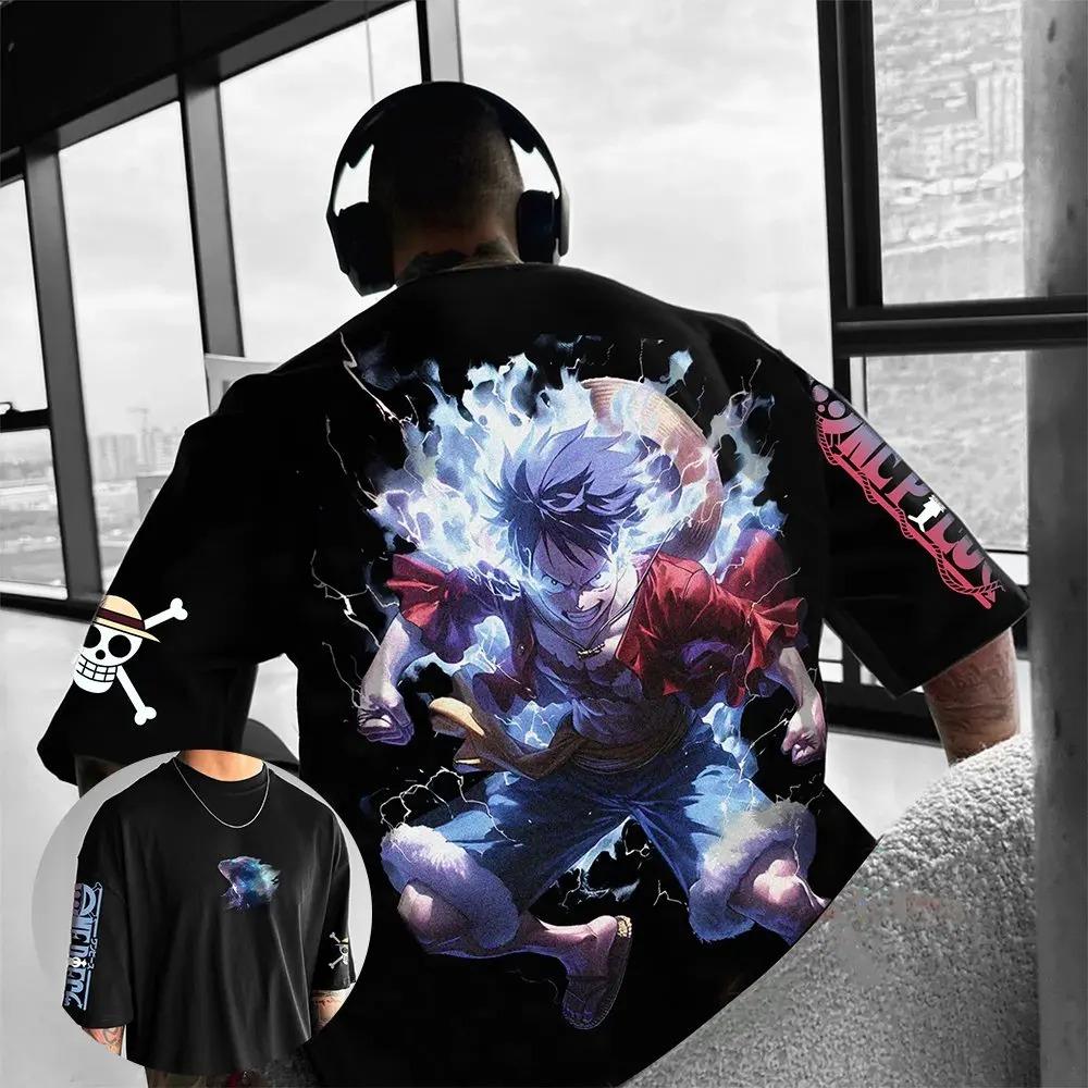 ONE PIECE Luffy Tričko Pánské Černé Grafické Tričko Anime Modrý Blesk Potisk Bavlna Oversized Streetwear Anime Cosplay Krátký Rukáv