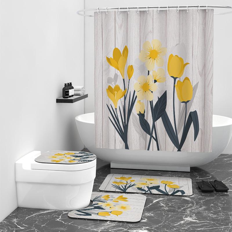 Wooden board flower digital printing shower curtain bathroom shielding waterproof