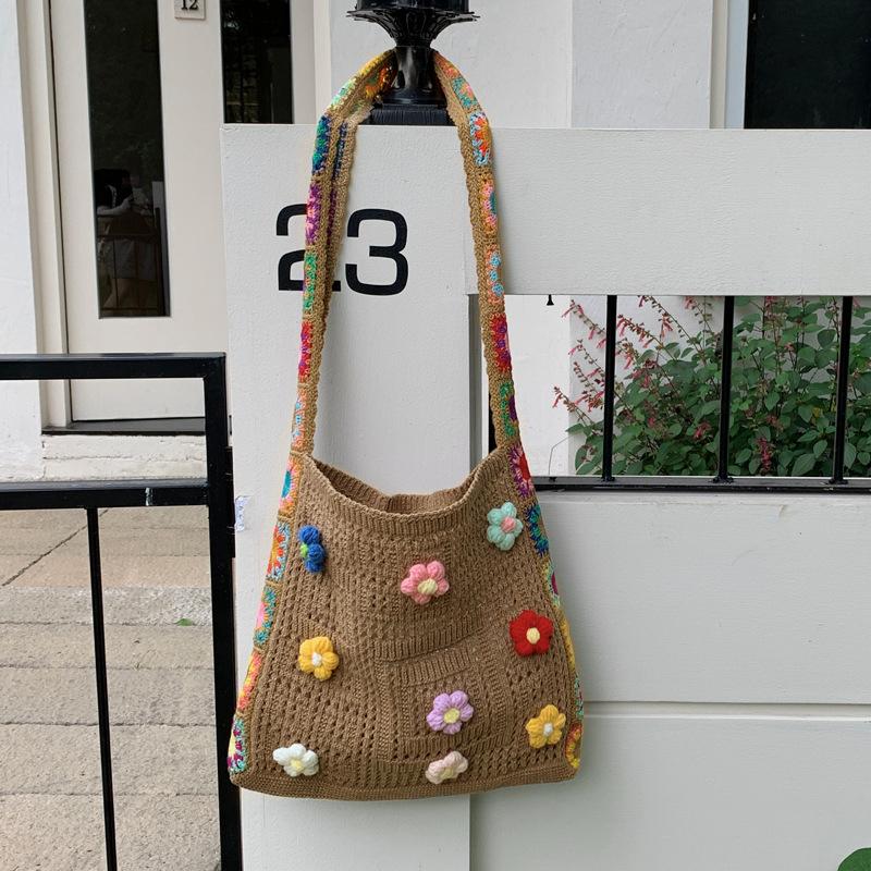Women Cute Knitting Tote Bag Wear Resist Lovely Woven Shoulder Bag Stylish Knit Shoulder Bag Seaside Trip Shopping Beach Bag