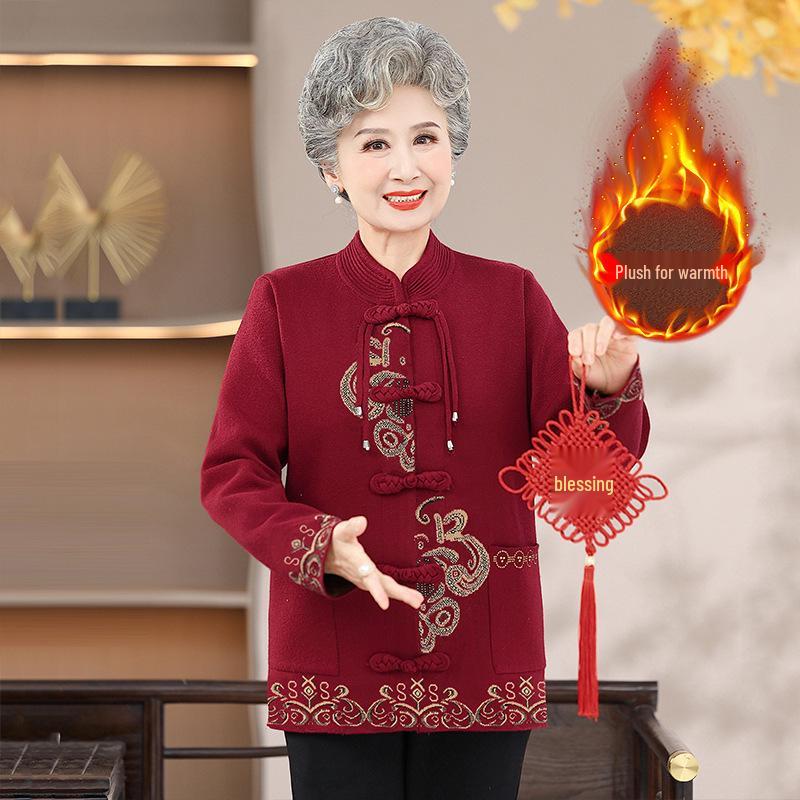 Women's Knitted Jacquard Sweater - Chinese Style Frog Button, Plus Velvet, Autumn/Winter Coat for Middle-aged and Elderly