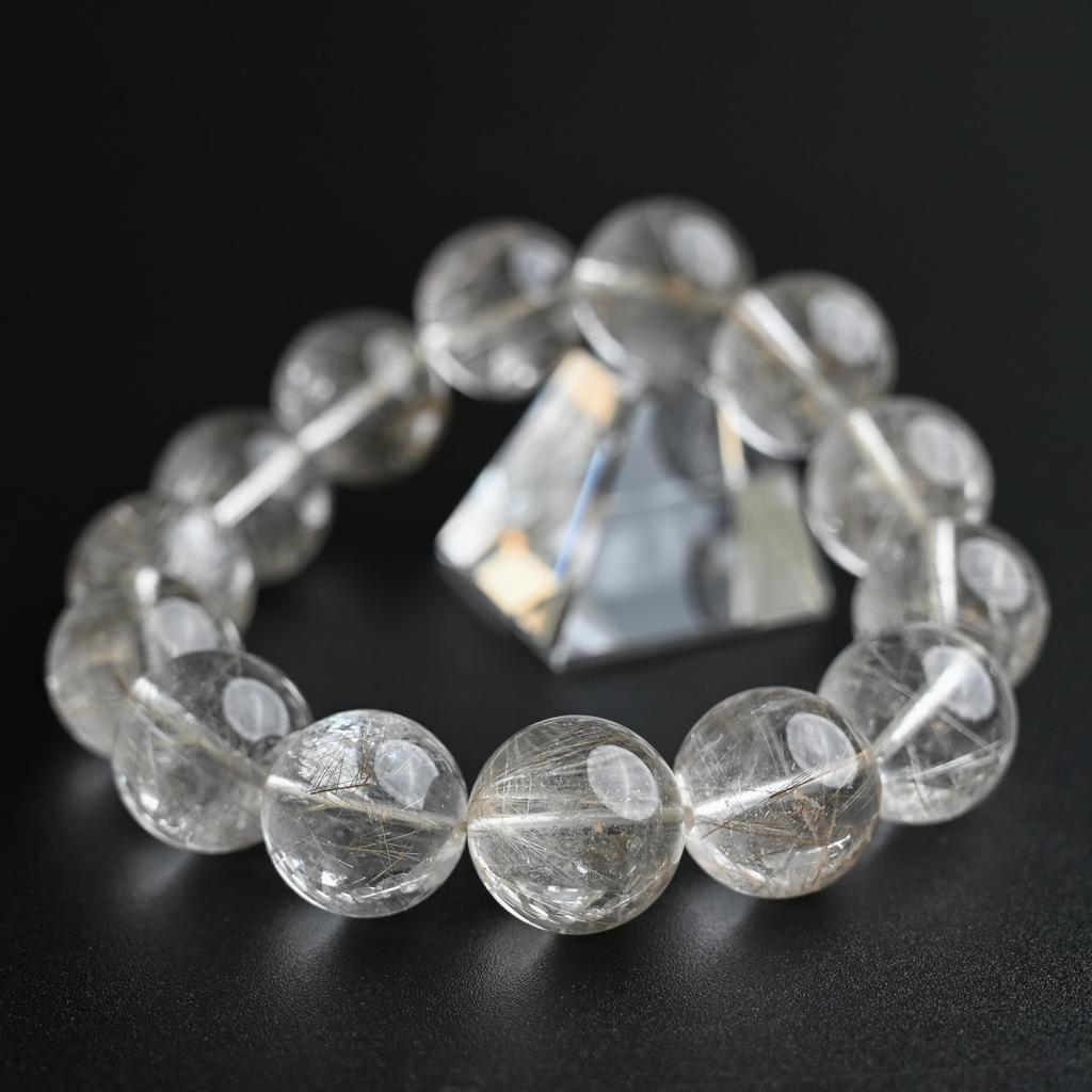 Eigado Silver Rutilated Quartz 17mm 19cm Wrist Limited Natural Power Prayer Good Luck Feng Shui Bracelet, Stone, Circumference, One-of-a-Kind,