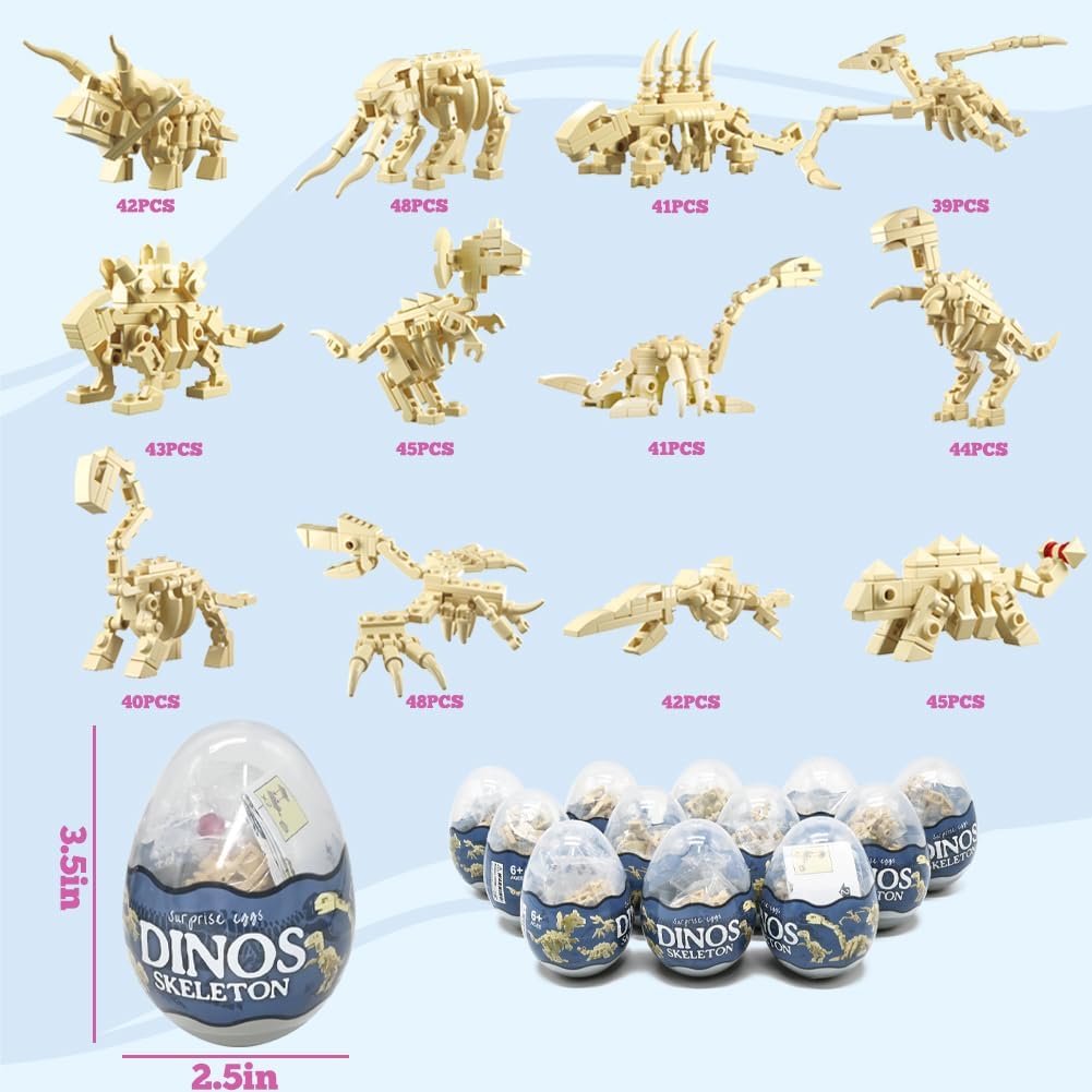 12Pcs Pre Filled Easter Eggs Toys, Dinosaur Skeleton Building Blocks, 12 In 1 Easter Eggs for Kids Easter Egg Hunt