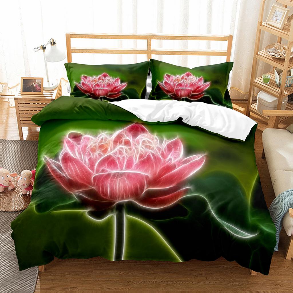 Lotus Flower Duvet Cover Set Lotus Leaf Pattern Polyester Quilt Cover King Full Size For Kids Teens Bedding Set With Pillowcase