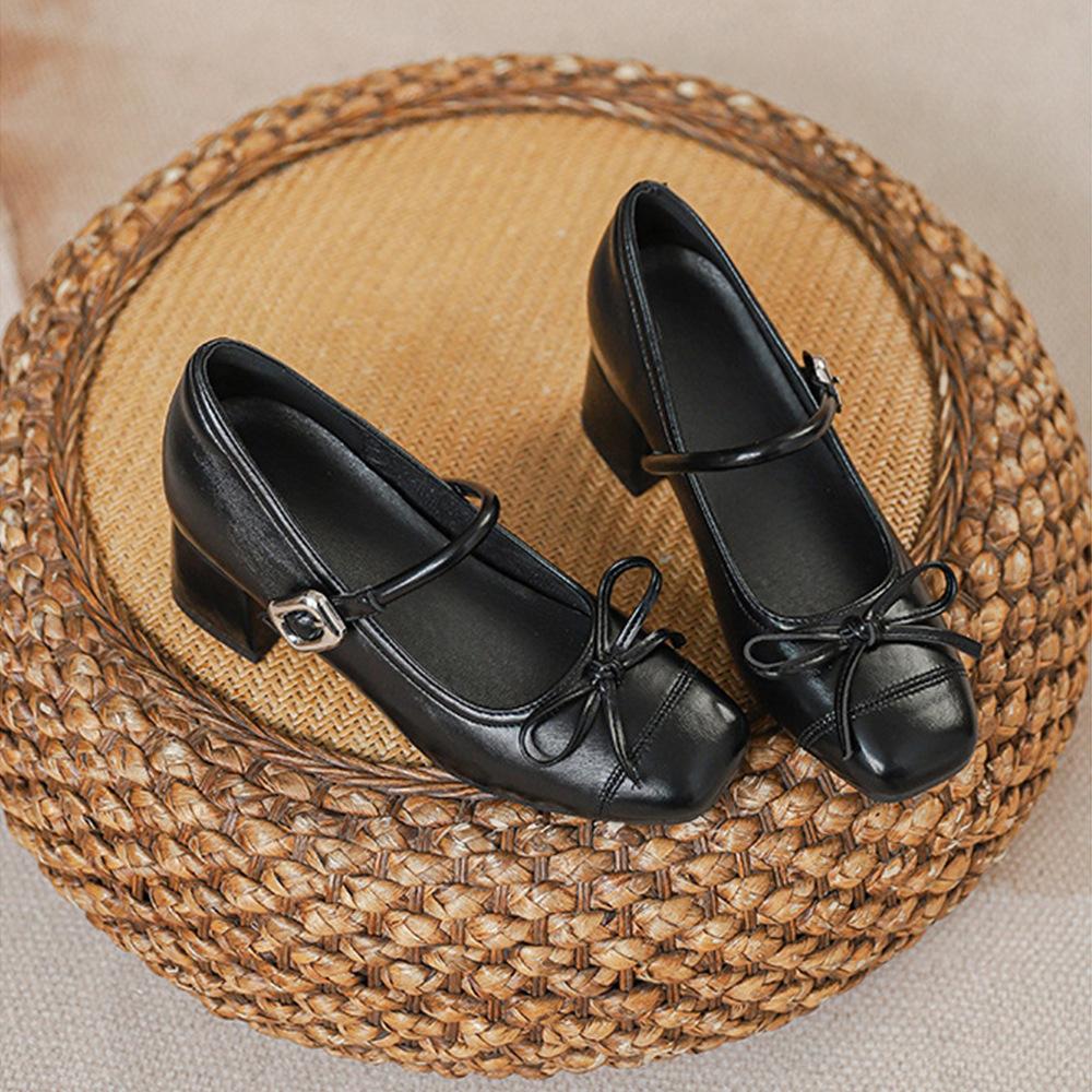 

New Mary Jane shoes women s bow round head thick heel inner height increase soft sole non-slip light mouth single shoes 39 чёрный