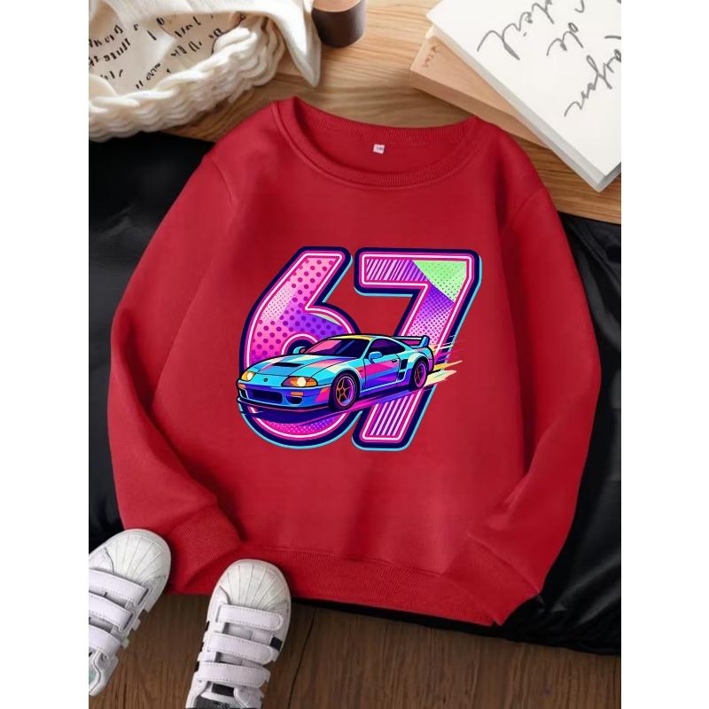 Unisex Kids Crewneck Sweatshirt For Over 4 Years Old Boys Girls Colorful Racing Sports Car Number 67 Soft Long Sleeve Pullover Top For 4-12 Children