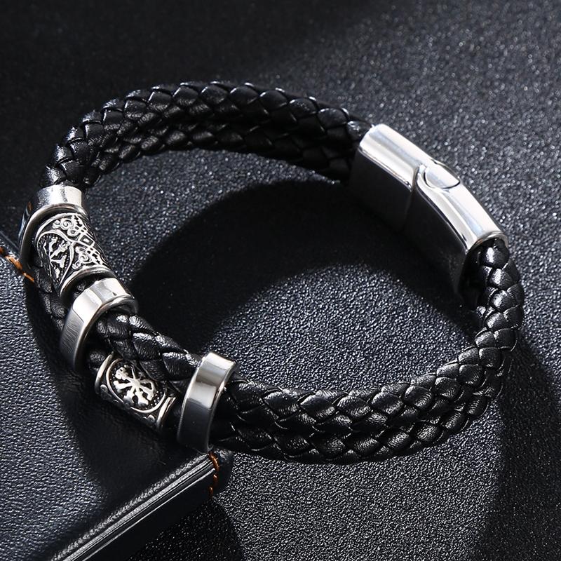 Neues Edelstahl Lederseil Armband Nordische Wikinger Serie Doppellagig Gewebtes Leder Herrenarmband