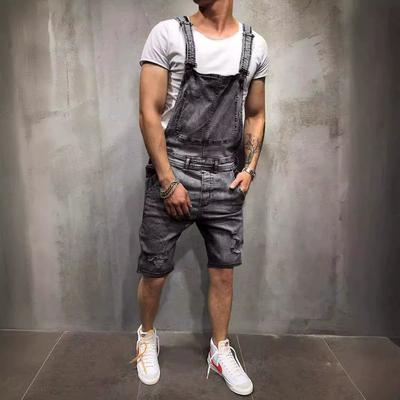 Fashion Men's Suspenders Denim Rompers Ripped Denim Shorts Popular Trendy Workwear
