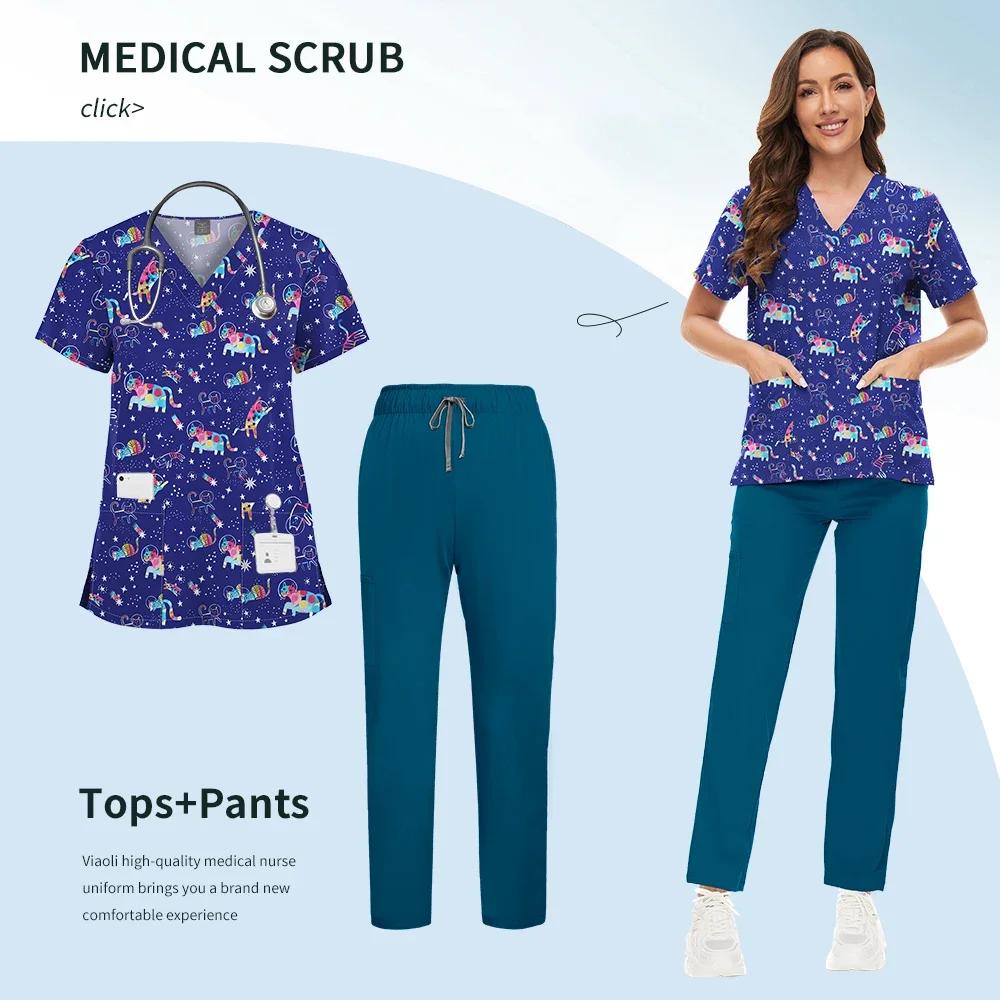 Printed Scrub Uniform Set V Neck Short Sleeves Pockets Top Medical Soft Scrub Pants Sets Nurse Surgical Uniforms Woman