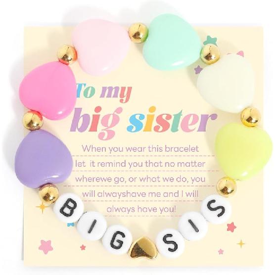 Big Sister Bracelets, Heart Charm Beads Stackable Bracelet Surfer Stretch Accessories Jewelry Gift for Big Sis