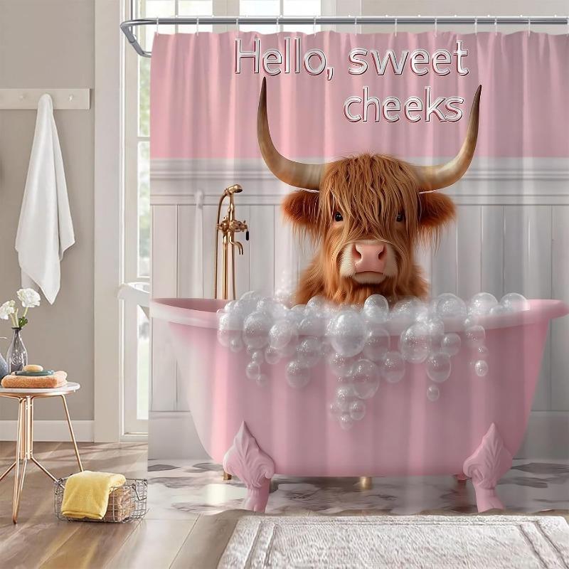 

Funny Highland Cow Shower Curtain Pink Brown Farm Animal Cute Cow Bathing In Bathtub Creative Bathroom Fabric Curtain With Hooks W60H190(CM)-1 Pcs
