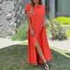 Button Down Short Sleeve Split Hem Maxi Dress Cotton Linen Solid Color Casual Loose Pocket Collared Oversized Summer Dress For Women