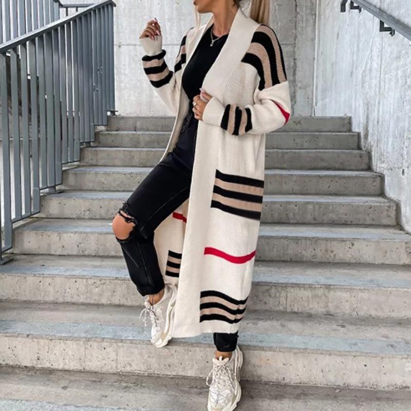 Maglione cardigan lavorato a maglia a righe lunghe da donna autunno e inverno