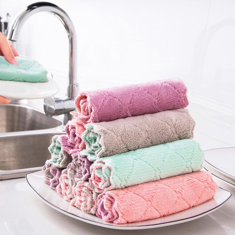 Dual-Color Multifunctional Coral Fleece Kitchen Rag - Lint-Free, Lazy Cleaning Dishcloth