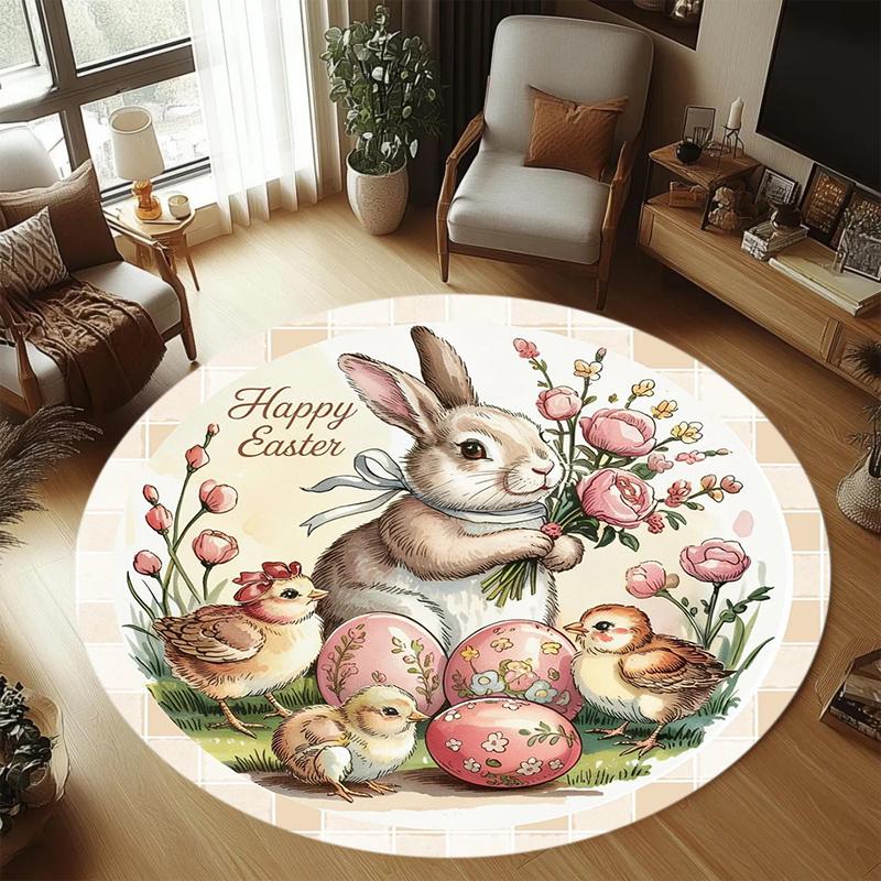 Easter Bunny Egg Round Area Rug with Happy Easter Print Non-Slip Washable Floor Mat in Pink Blue Beige for Spring Home Decor