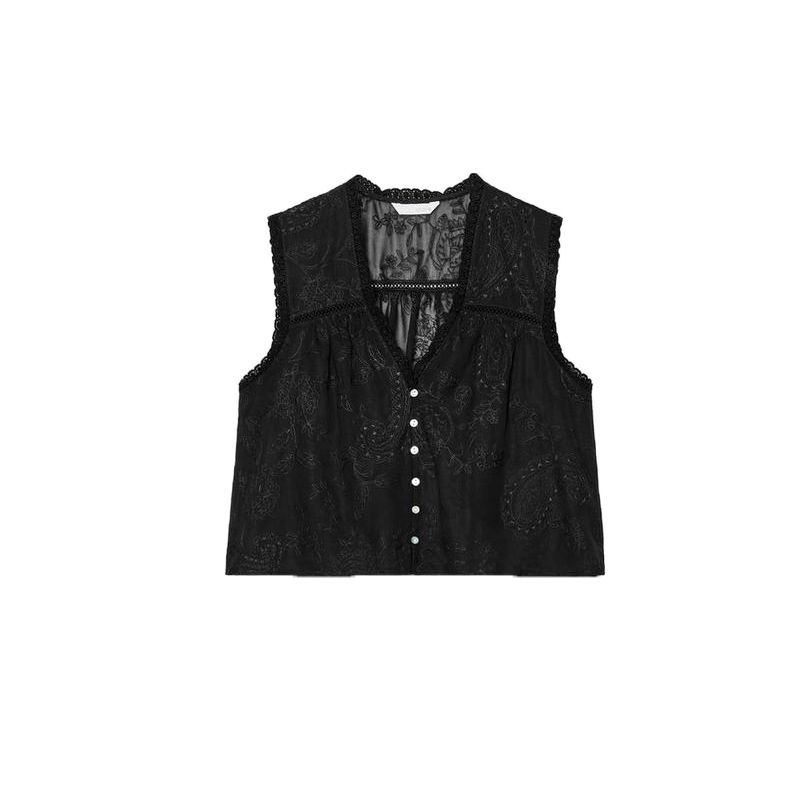 Summer New Product Women's Clothes V Neck Single Row Multi-Buckle Vertical Lace and Embroider Decorative Sleeveless Shirt 3017905