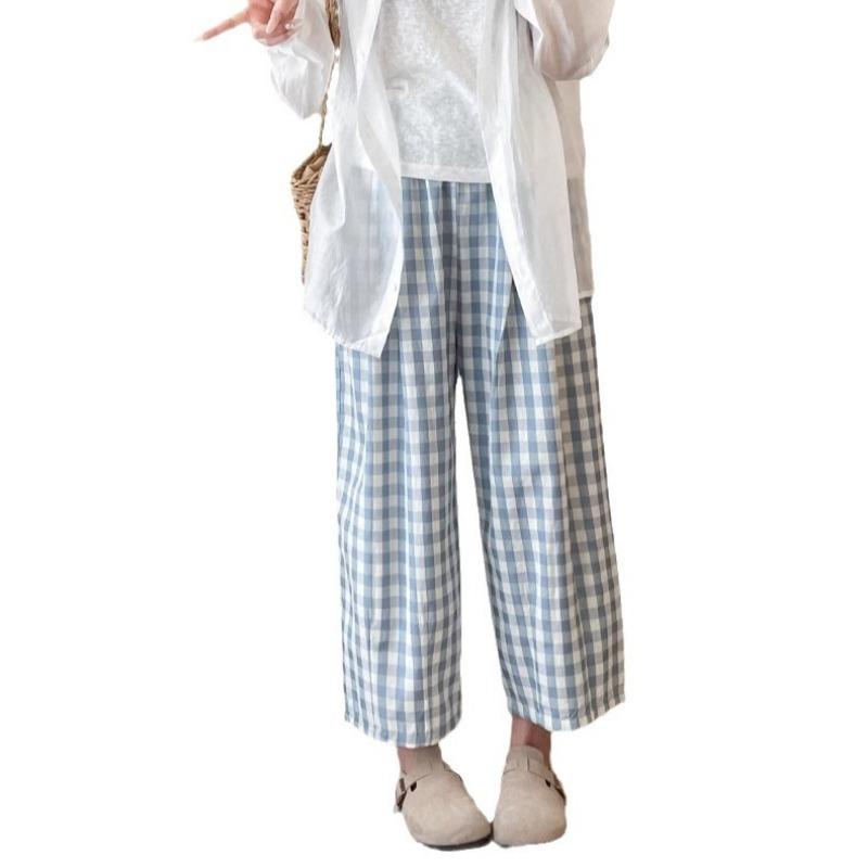 Grandma Pants Women's Summer New High-waisted Thin Straight Casual Small Nine-point Harlan Plaid Pants