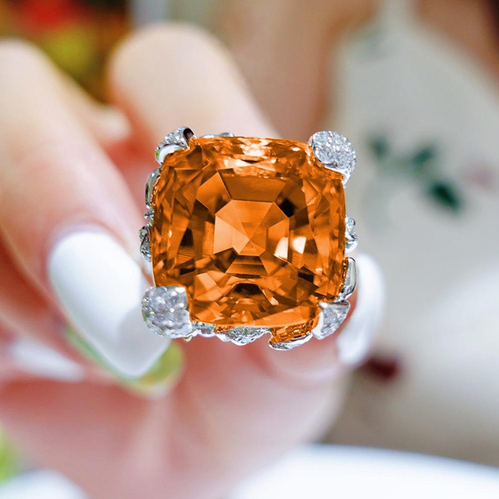 Adjustable Open Ring for Women Fancy Orange Flower Design Imitation Padparadscha Gemstone