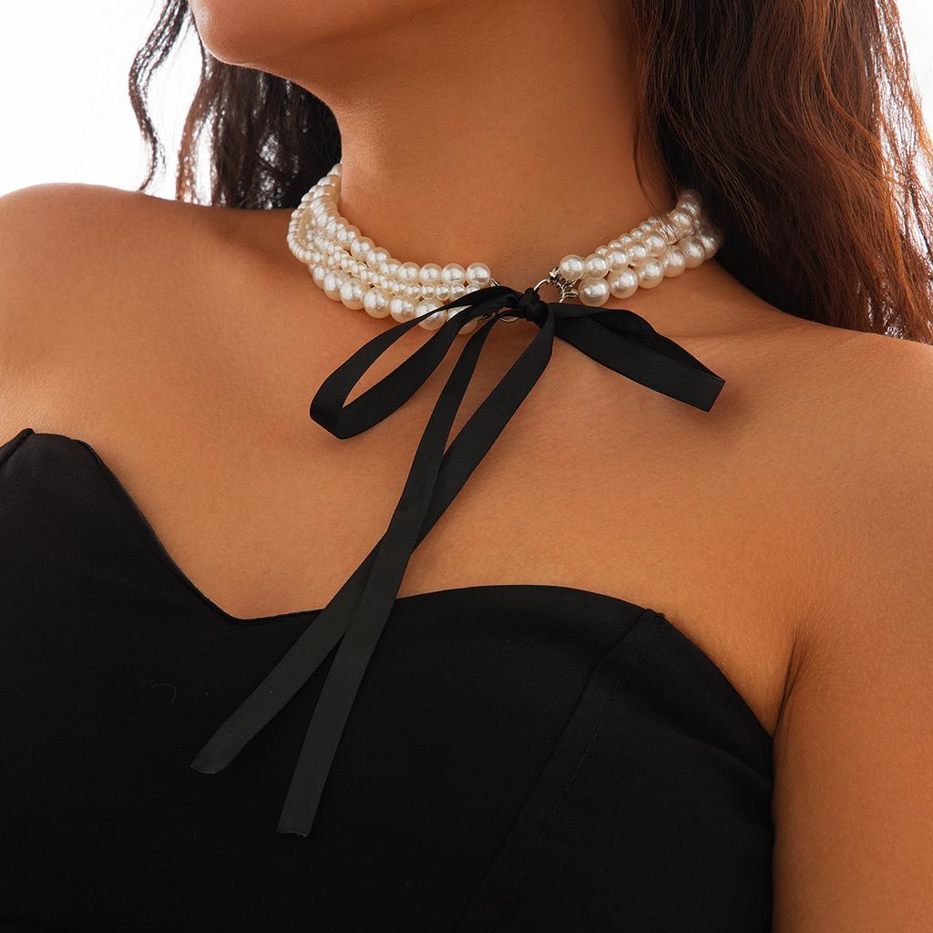 Multilayer Imitation Pearl Chain Necklace Women Ribbon Bow Choker Bridal Banquet Jewelry Accessories